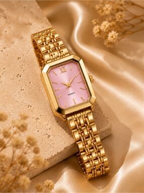 Gold-Tone Rectangle Watch with Pink Dial | Elegant Bracelet Watch | Women’s Dres